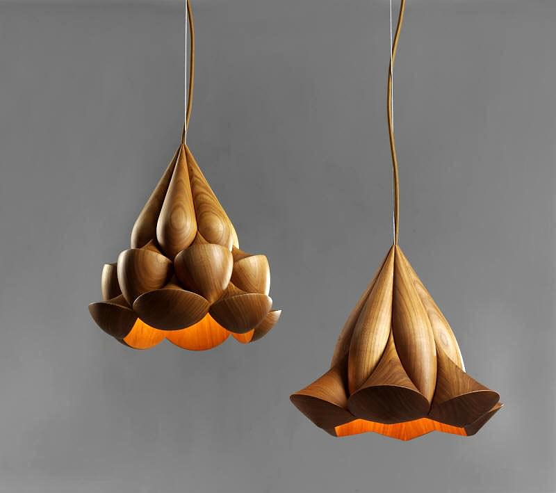 Wooden Flower Lamps by Laszlo Tompa.