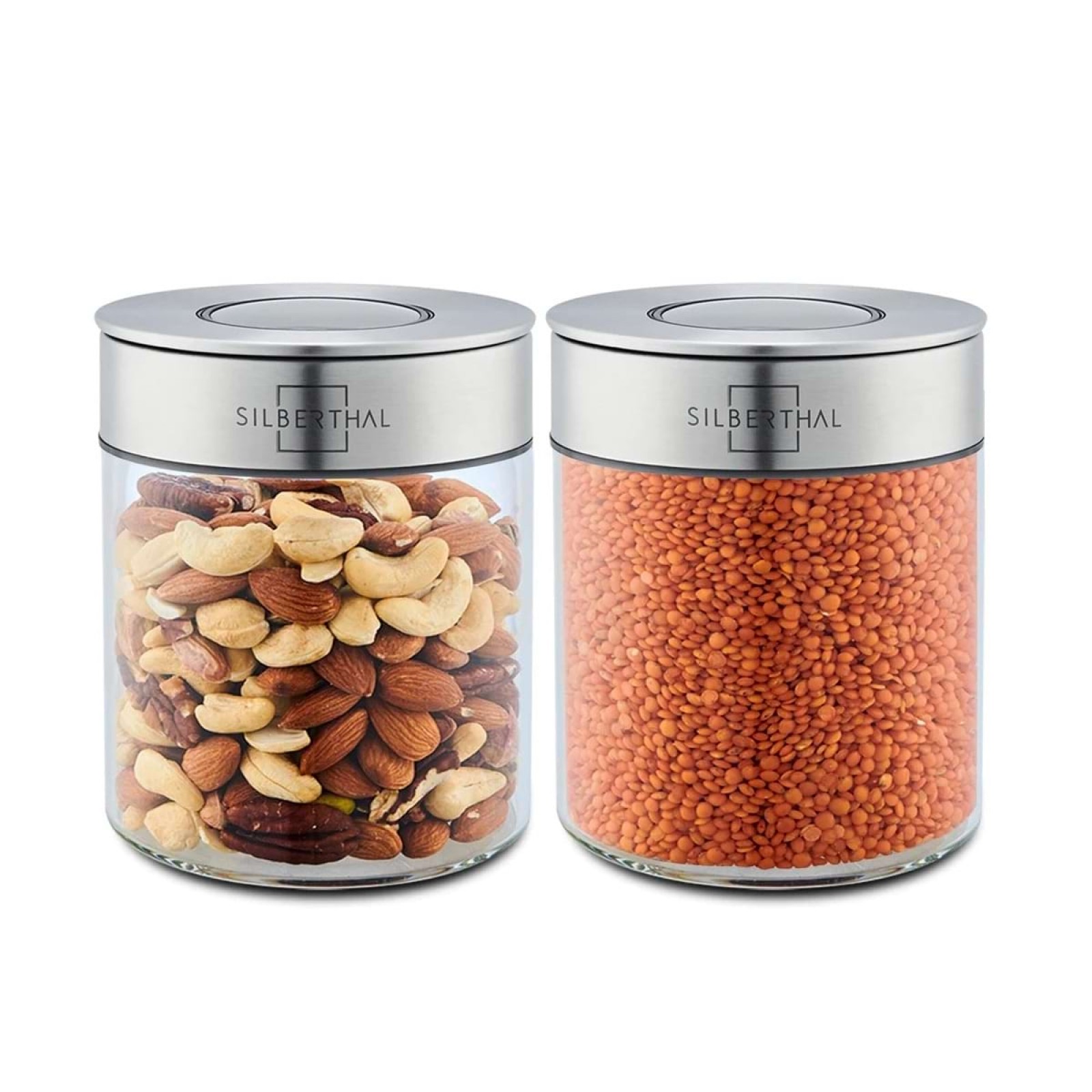 Airtight Storage Jars with Cap Click Mechanism Set of 2 (Glass / Steel) - Silberthal